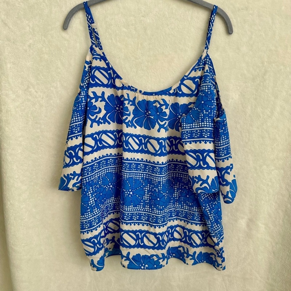 Corsage Blue White Tile Print Cold Shoulder Blouse Cami Strap Flowy Top Medium